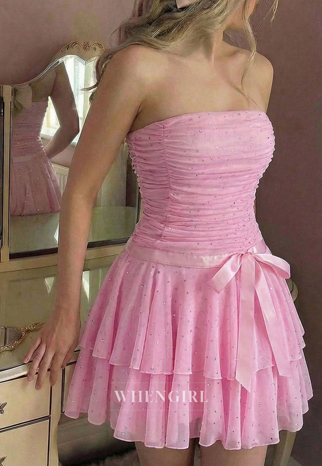 Strapless Ruched Mesh Tiered Mini Party Dress