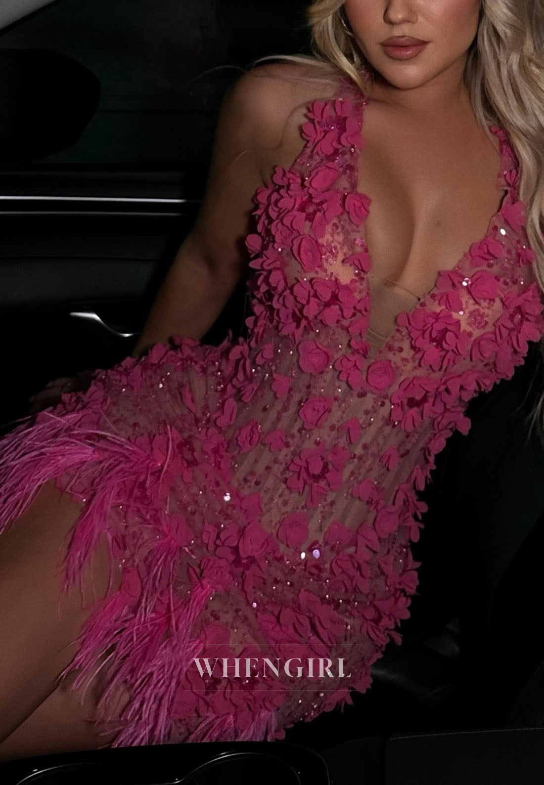 Halter Neck 3D Floral Mini Dress with Feathers