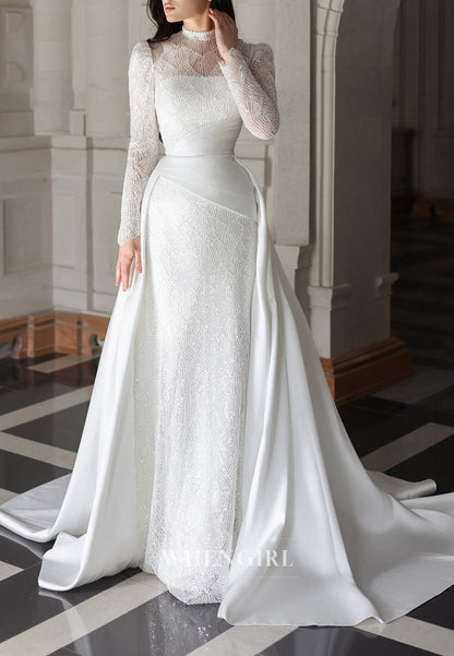 High-Neck Beaded Sheath Gown with Overskirt