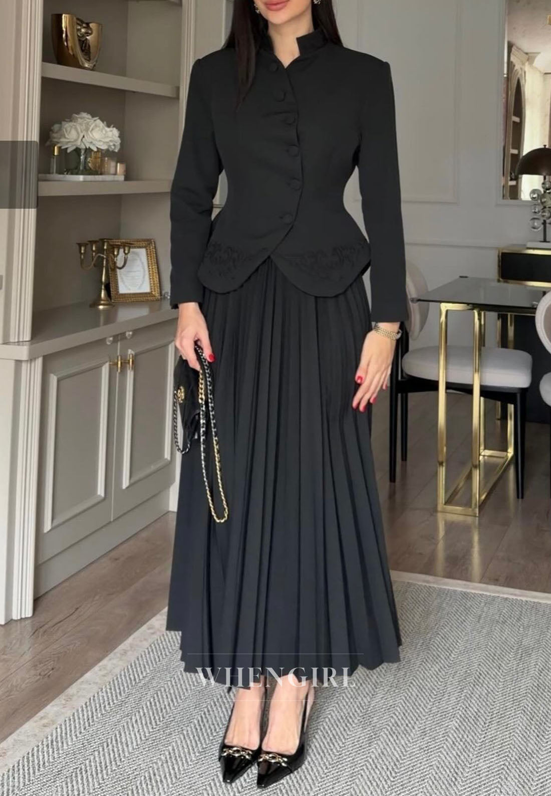 Peplum Jacket and Pleated Maxi Skirt Two-Piece Set