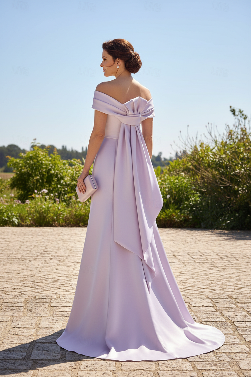 Off-the-Shoulder Satin Gown with Statement Back Bow