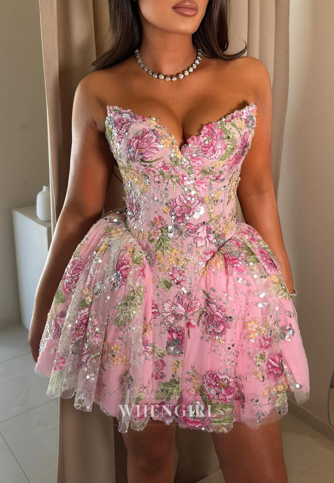 Floral Embroidered Strapless Sweetheart Mini Dress