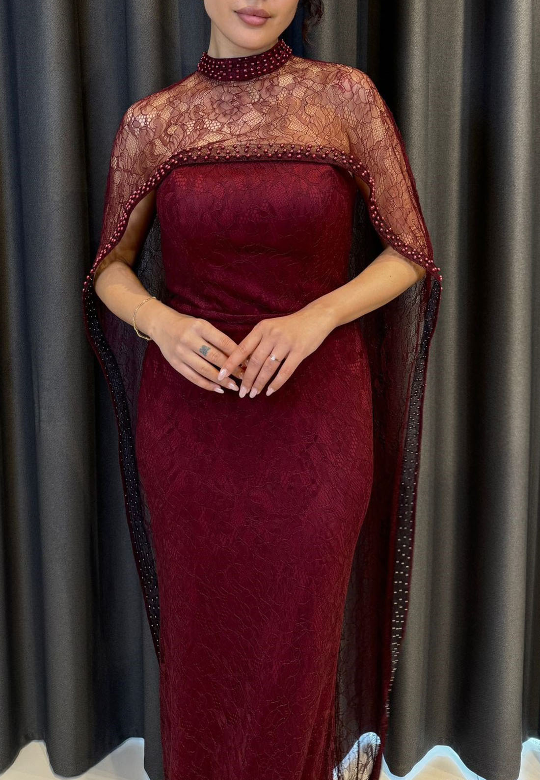 Lace Column Gown with Beaded High Neck Cape