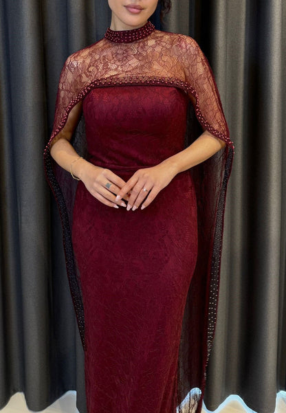 Lace Column Gown with Beaded High Neck Cape