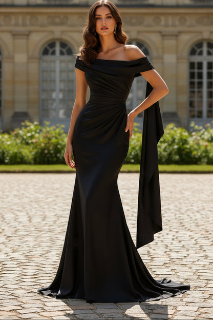 Off-Shoulder Draped Mermaid Evening Gown with Train