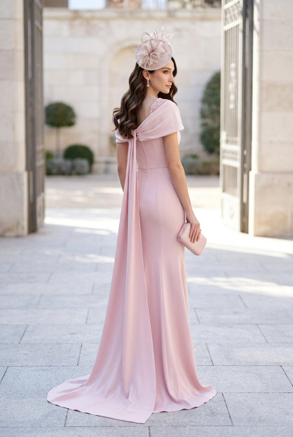 Draped Shawl Neck Gown with Train