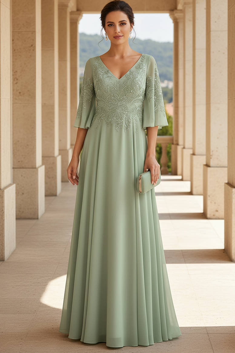 Embroidered V-Neck Flutter Sleeve A-Line Gown