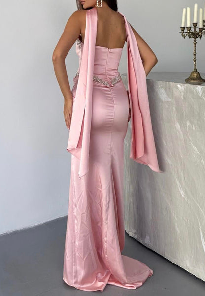 Beaded Basq Satin Gown with Neck Scarf