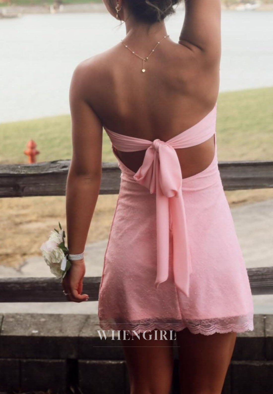 Strapless Lace Mini Dress with Open Back Bow