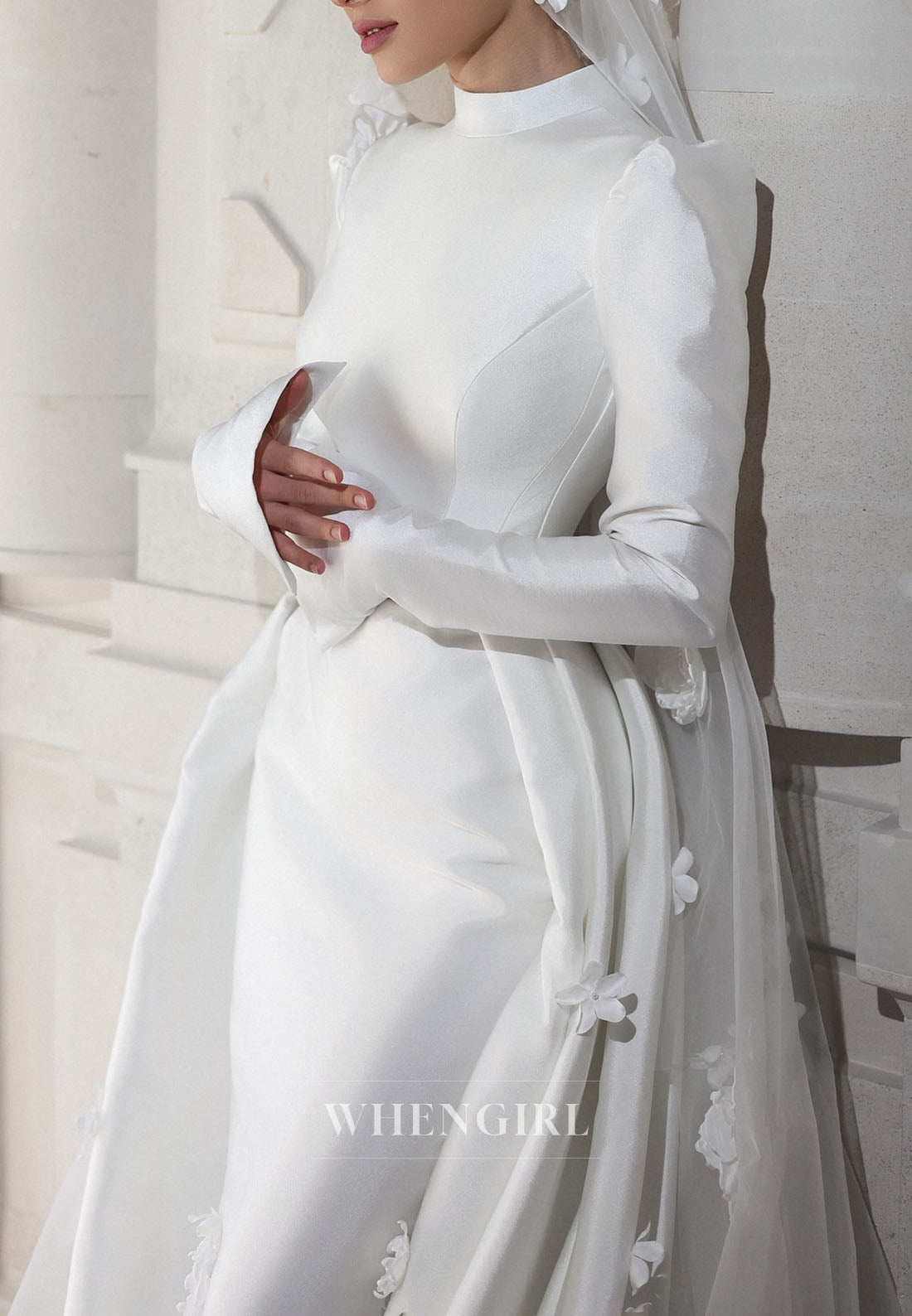 High Neck Satin Wedding Dress with 3D Flowers