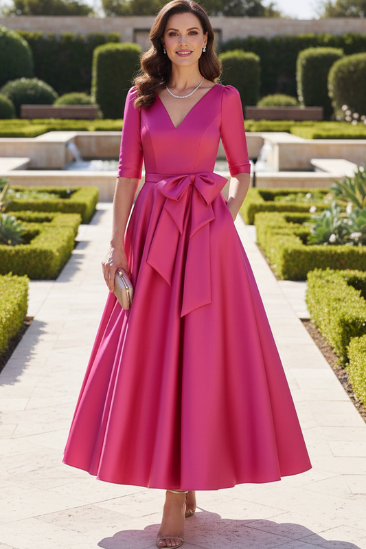 Satin A-Line Tea-Length Dress with Bow and Pockets