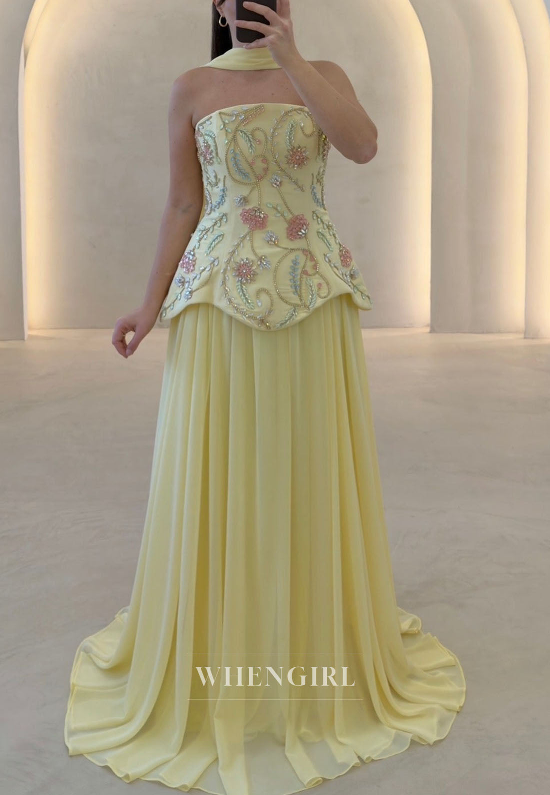 Embroidered Strapless Peplum Gown with Shawl
