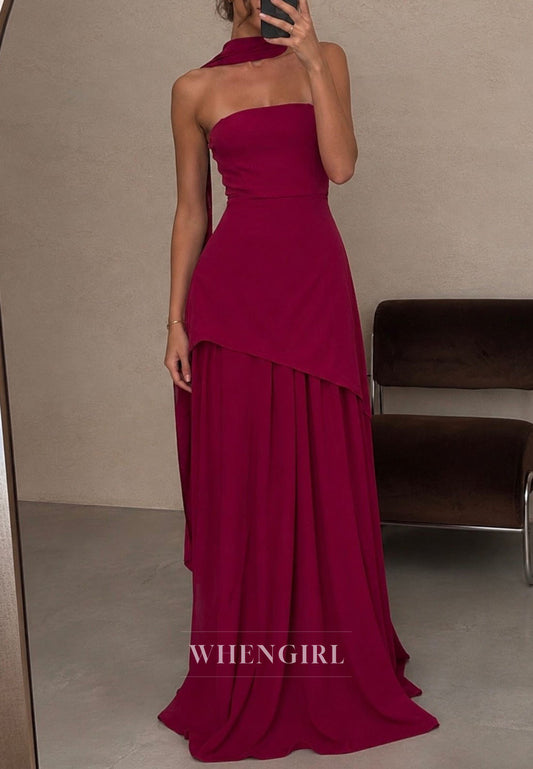 Strapless Asymmetric Overlay Gown with Scarf