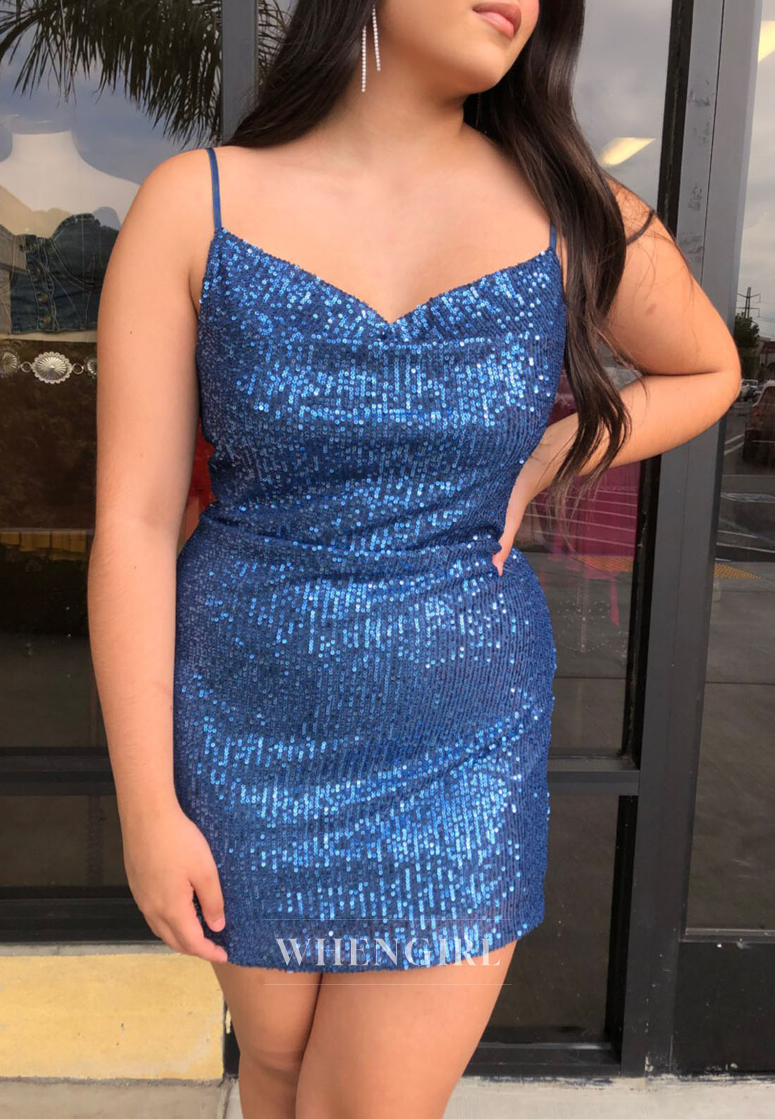 Cowl Neck Sequin Mini Dress with Spaghetti Straps