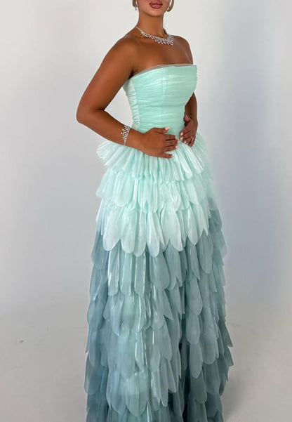 Strapless Ruched Bodice Tiered Petal Gown