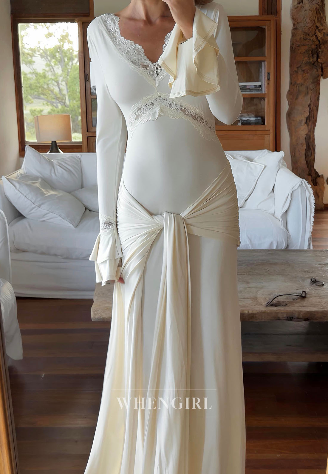 Lace Trim V-Neck Maxi Dress with Flounce Sleeves