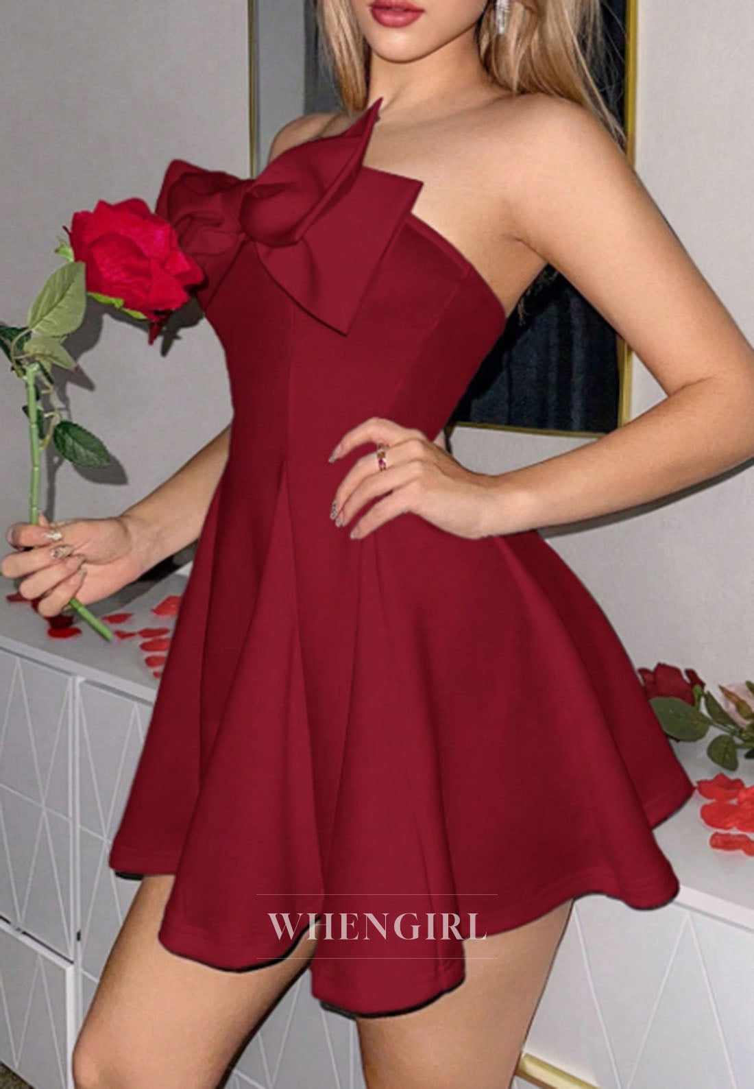 Strapless A-Line Mini Dress with Oversized Bow