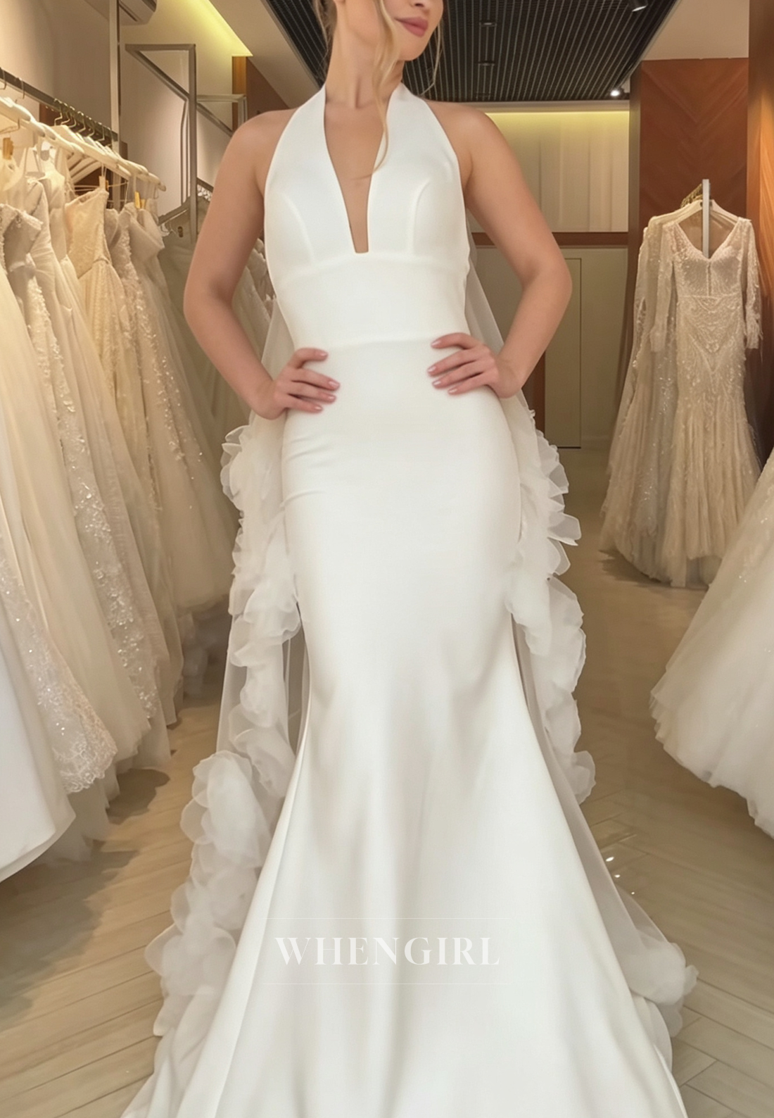 Halter Deep V Mermaid Wedding Dress with Ruffle Cape