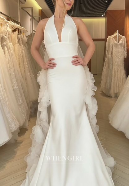 Halter Deep V Mermaid Wedding Dress with Ruffle Cape