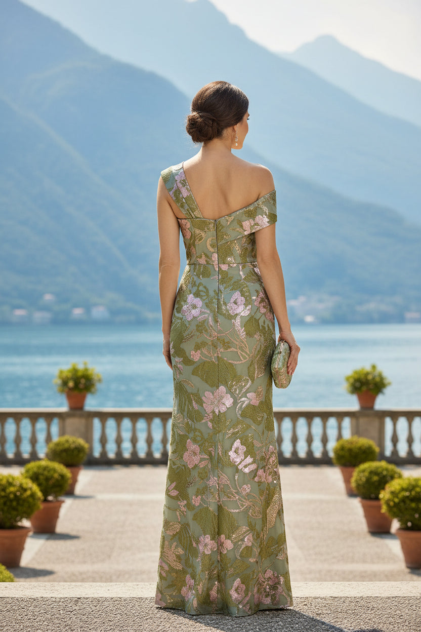 Asymmetrical One-Shoulder Floral Jacquard Gown