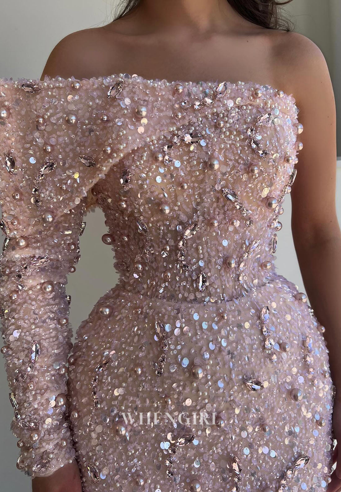 One-Shoulder Pearl Beaded Evening Gown with Long Sleeve