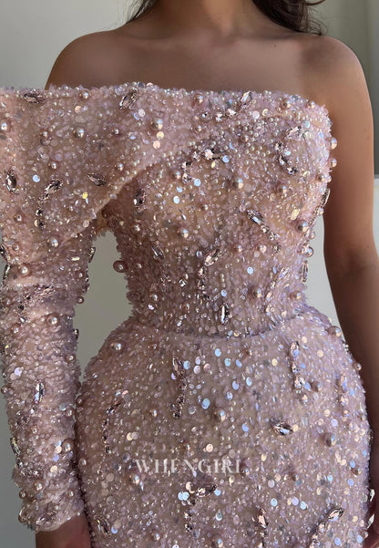 One-Shoulder Pearl Beaded Evening Gown with Long Sleeve