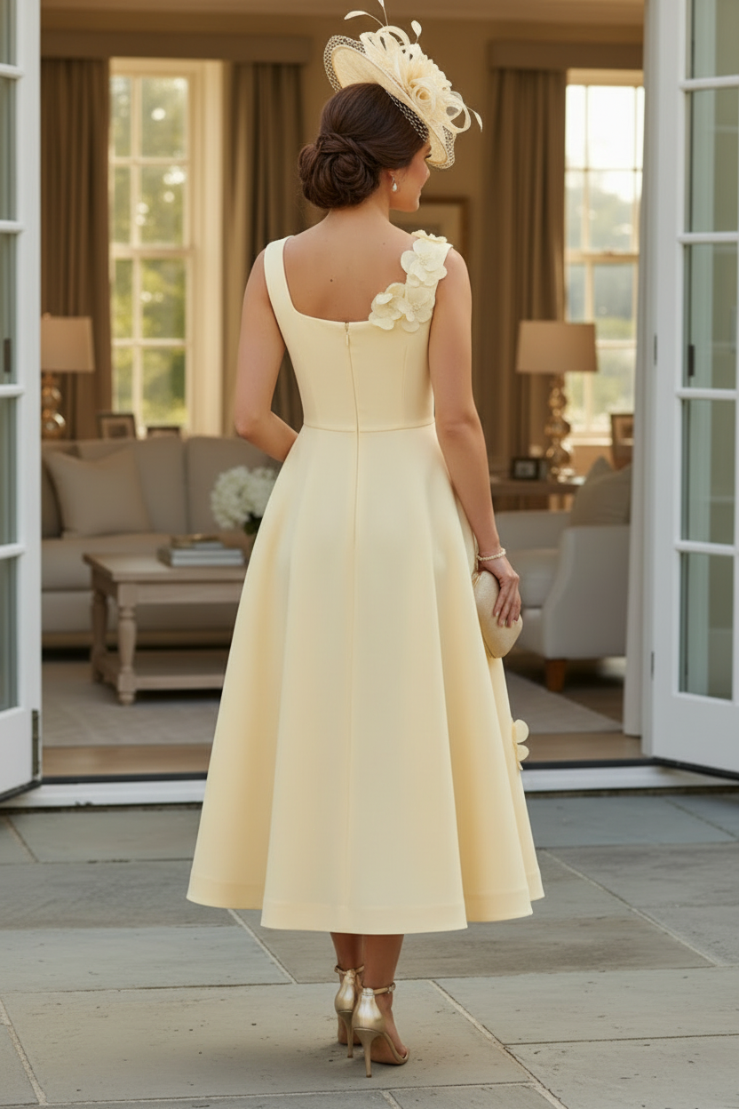 3D Floral Square Neck Midi A-Line Dress