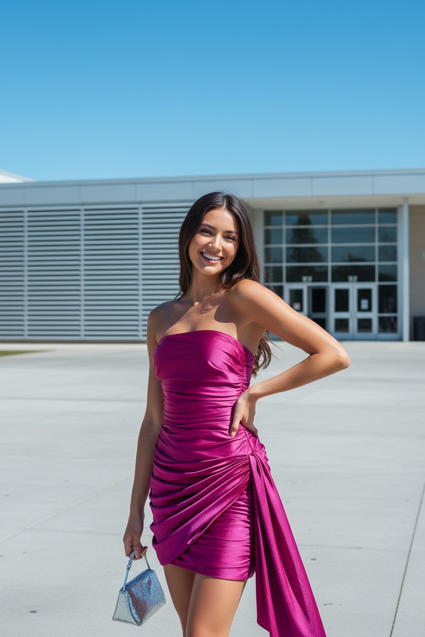 Strapless Ruched Mini Dress with Side Draping
