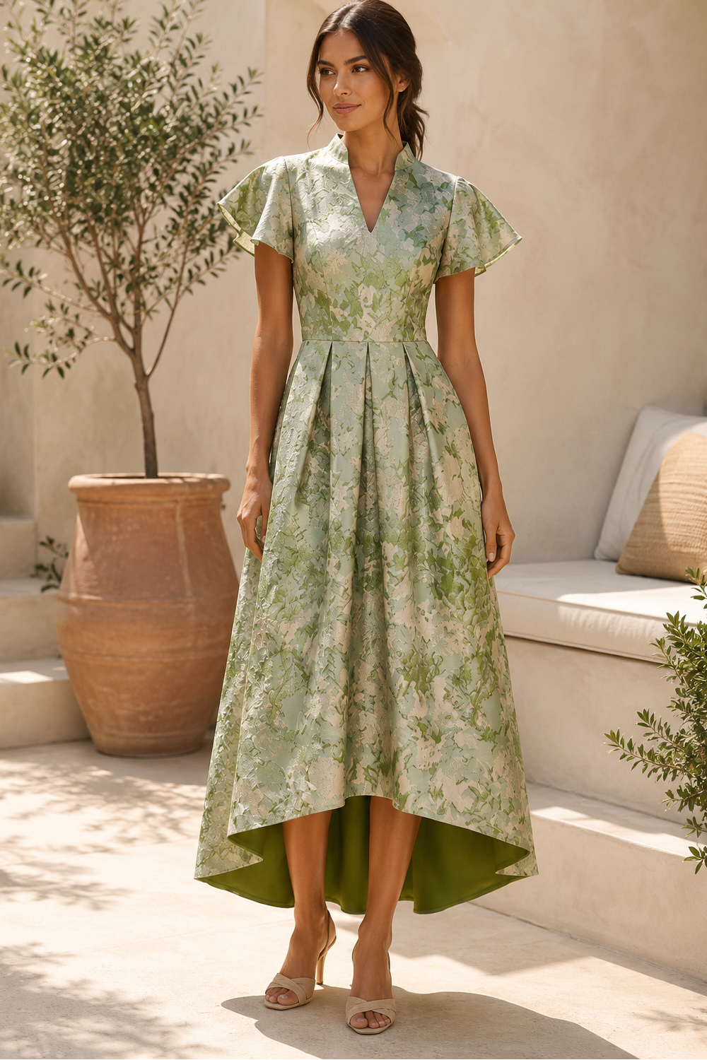 Flutter Sleeve Jacquard High-Low A-Line Dress
