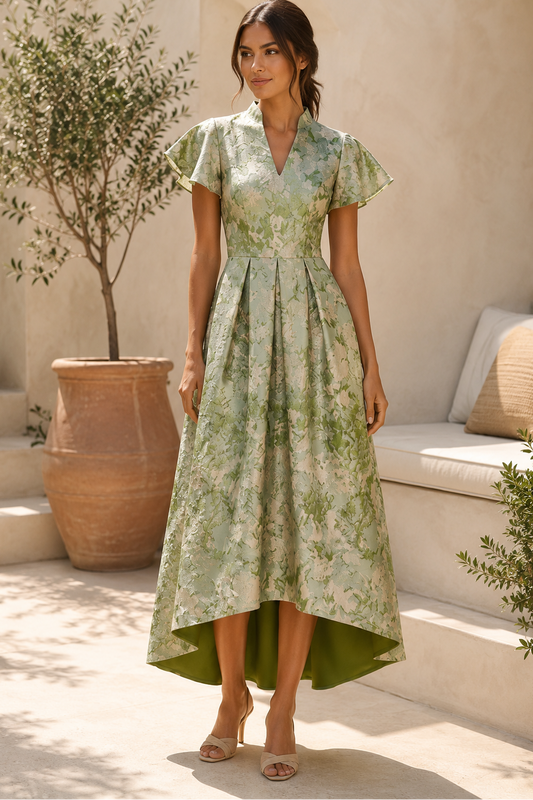 Flutter Sleeve Jacquard High-Low A-Line Dress