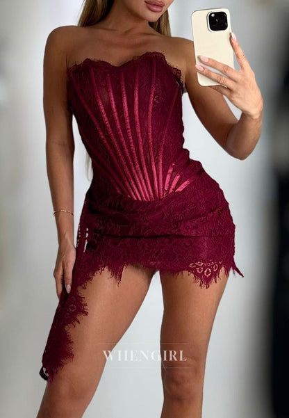 Strapless Lace Corset Mini Dress with Side Drape