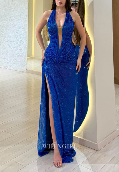 Glitter Halter Deep V-Neck Evening Gown
