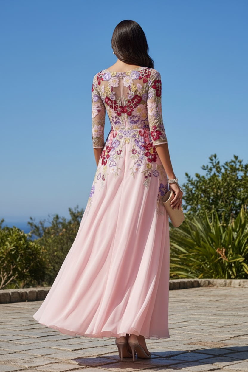 Illusion Floral Embroidered A-Line Gown