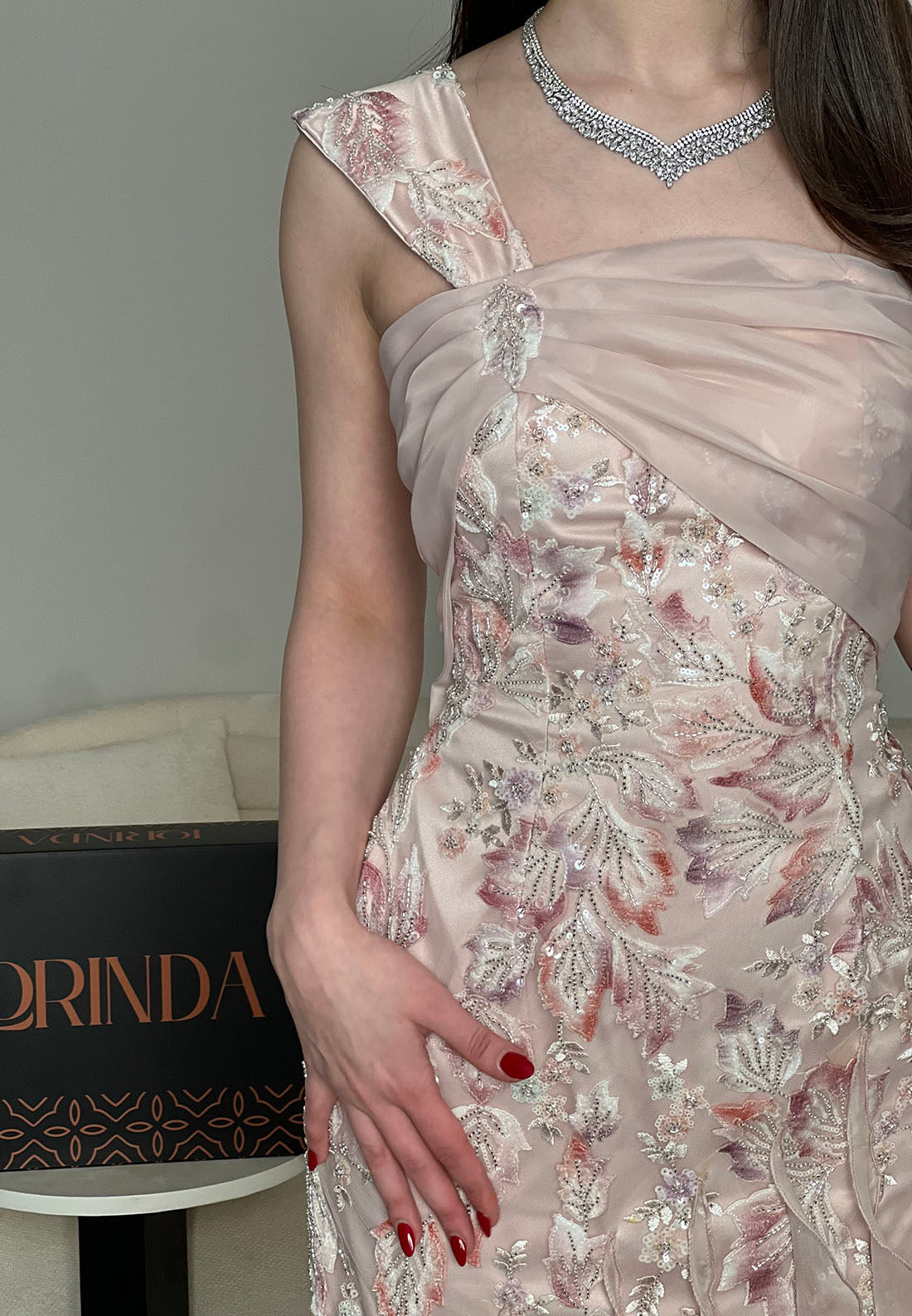 One-Shoulder Embroidered Tiered Ruffle Gown