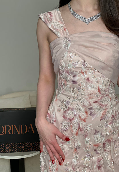 One-Shoulder Embroidered Tiered Ruffle Gown
