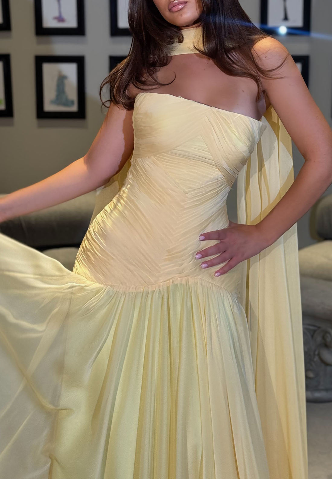 Strapless Pleated Drop-Waist Evening Gown with Scarf