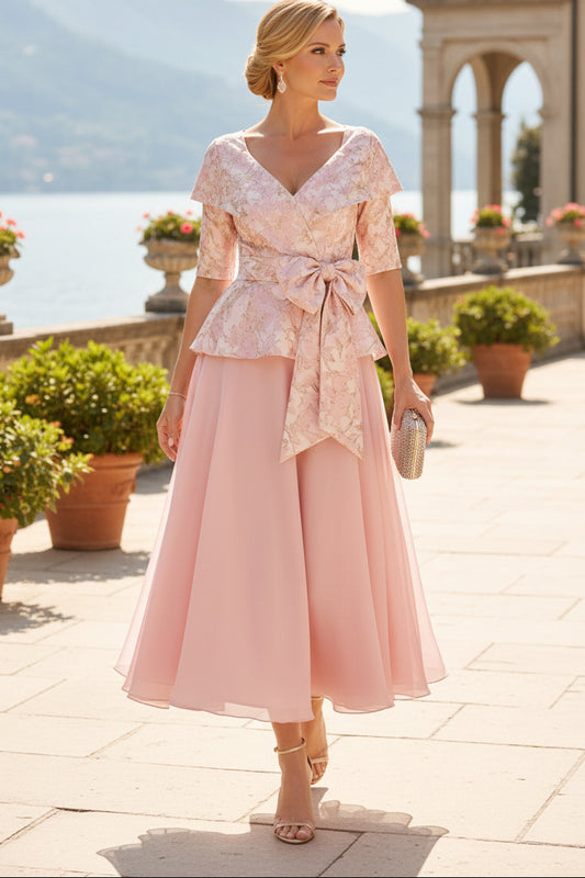 V-Neck Peplum Tea-Length Mother of the Bride Dress