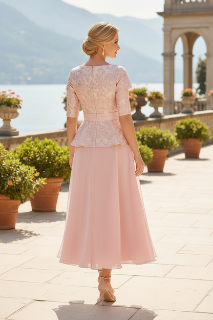 V-Neck Peplum Tea-Length Mother of the Bride Dress