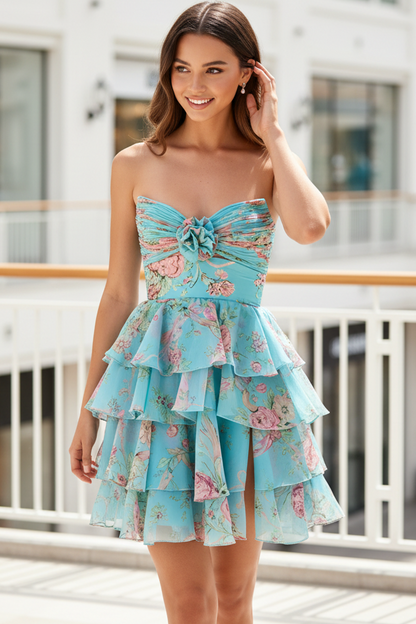 Strapless Floral Tiered Mini Dress with 3D Flower