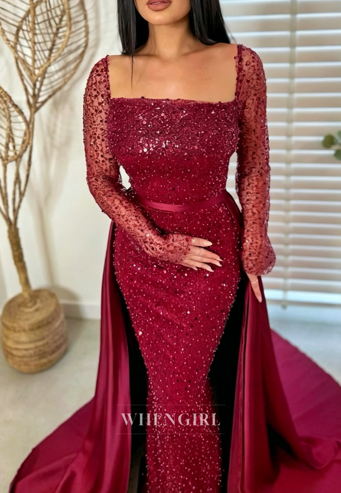 Pearl Beaded Mesh Long Sleeve Gown with Overskirt