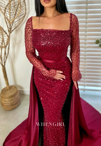Pearl Beaded Mesh Long Sleeve Gown with Overskirt