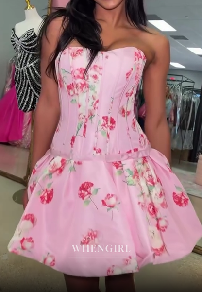 Strapless Corset Floral Bubble Skirt Mini Dress