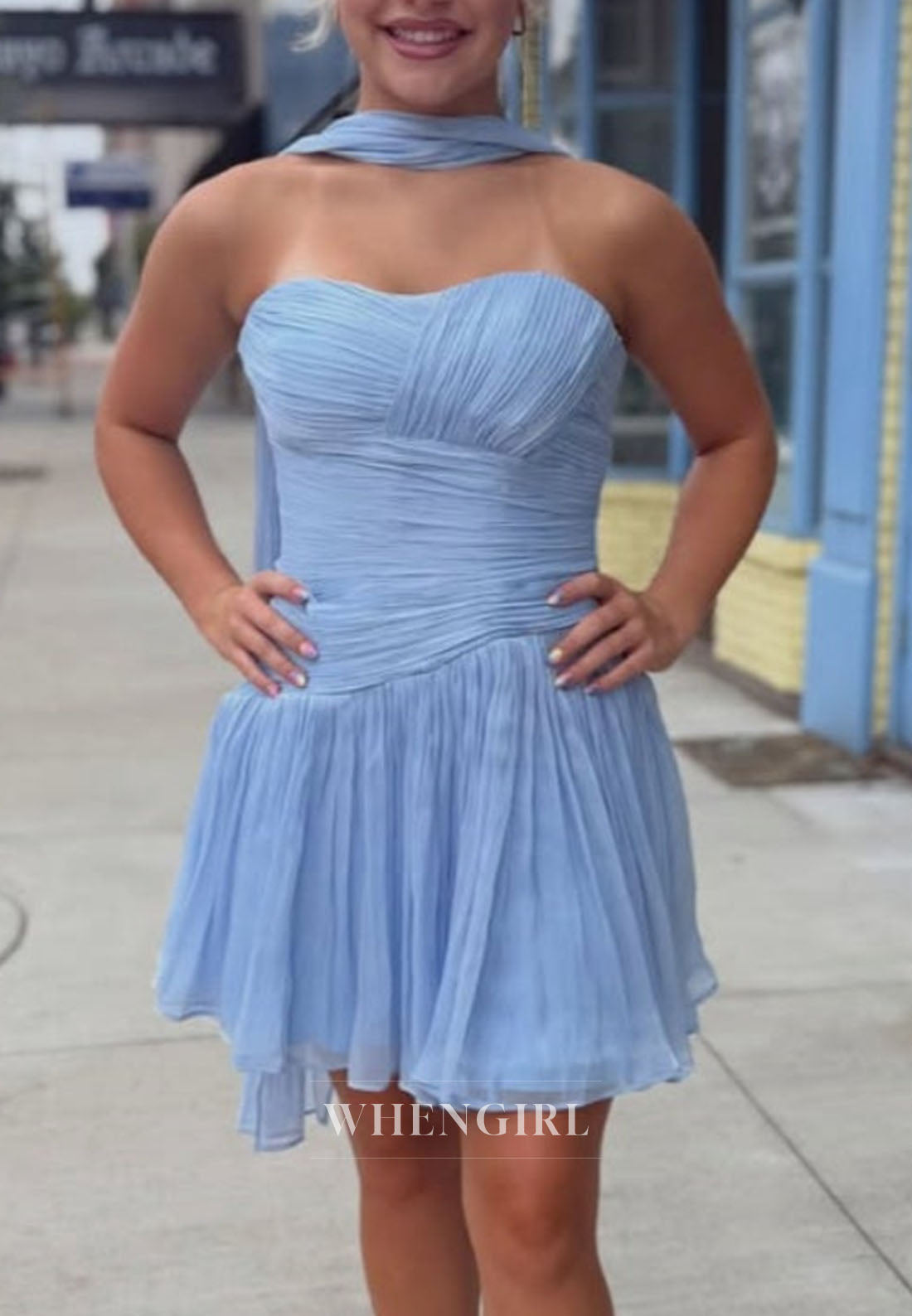 Strapless Sweetheart Mini Dress with Long Neck Scarf