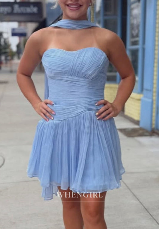 Strapless Sweetheart Mini Dress with Long Neck Scarf