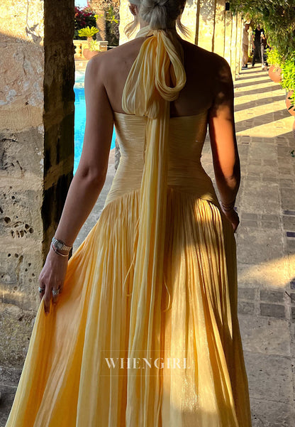Pleated Halter A-Line Evening Gown with Open Back