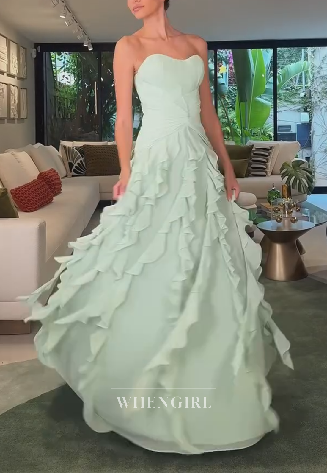 Strapless Cascading Ruffle Tiered Gown