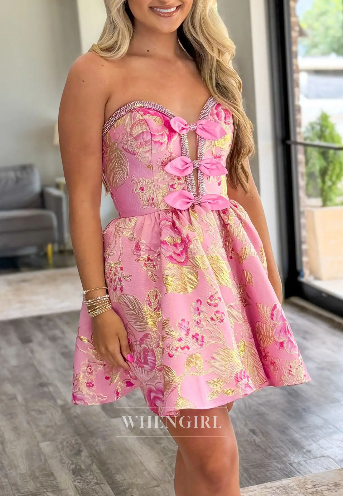 Strapless Floral Jacquard Mini Dress with Bow Details