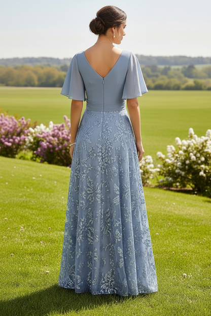 Embroidered Flutter Sleeve A-Line Gown