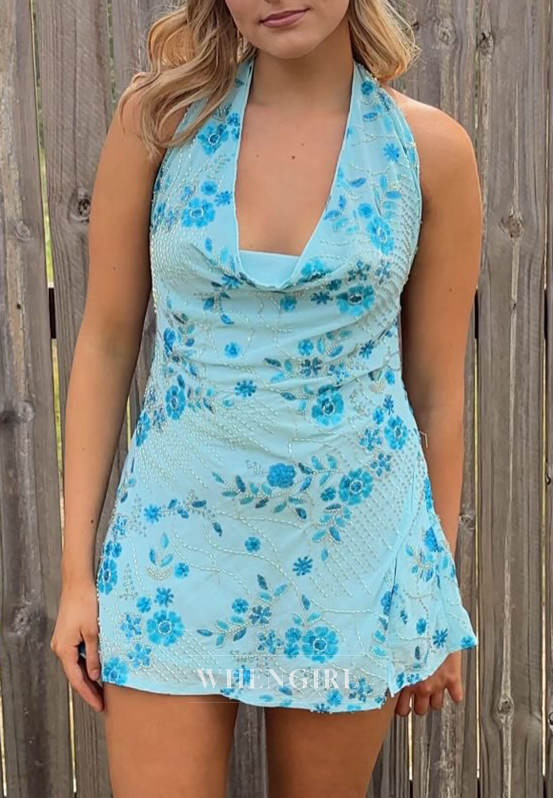 Halter Cowl Neck Floral Beaded Mini Dress