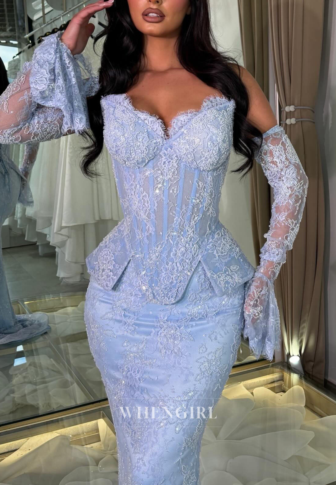 Off-the-Shoulder Lace Peplum Mermaid Evening Gown